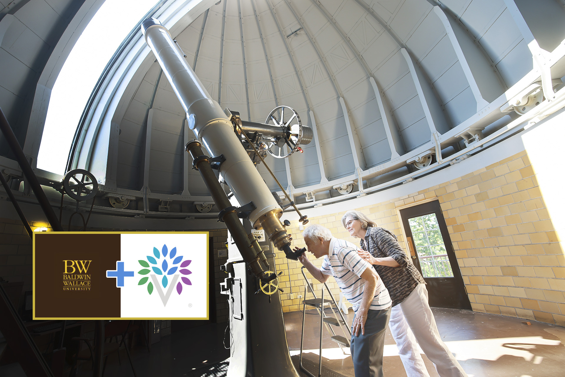 elderly couple look through a telescope as a part of lifelong learning through the partnership of Vitalia adult senior living community and baldwin wallace university.