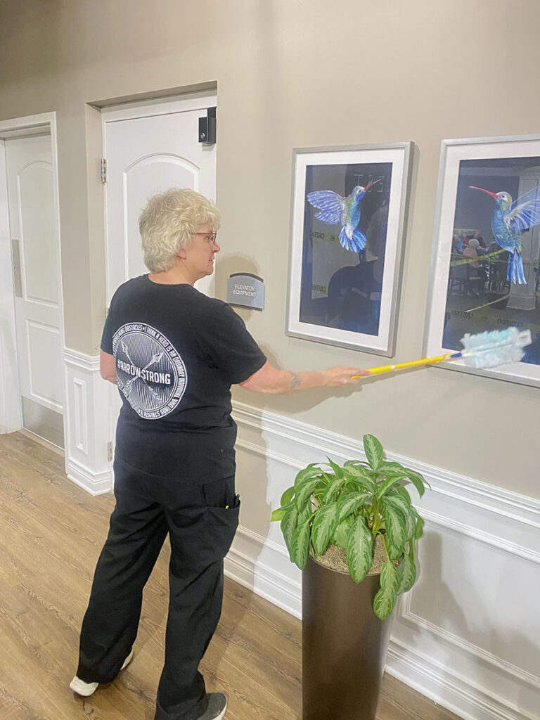 A woman dusting medium size pictures of humming birds photo frames in a community hallway by a large floor plant.