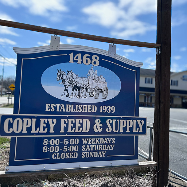 Exterior sign for Copley Feed & Supply, a trusted local business.